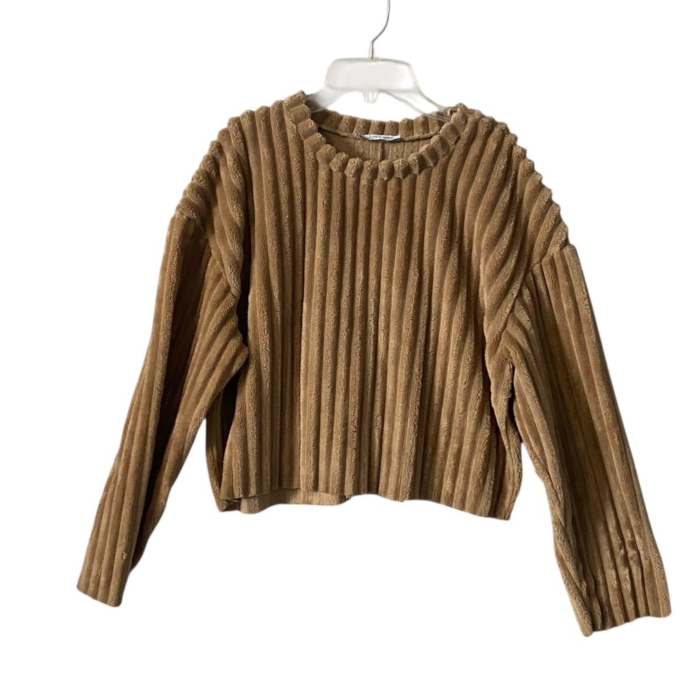 ZARA‎ Trafaluc Ribbed Plush Long Sleeve Cropped Sweater Top Camel Brown Size Sm